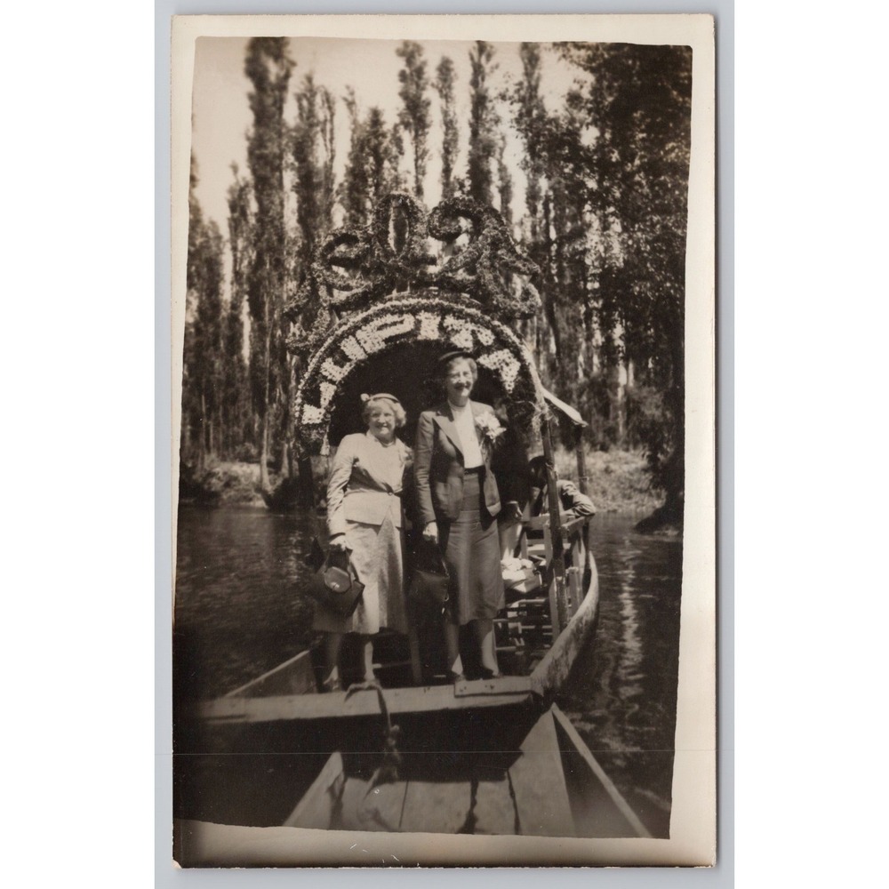 Vintage‎ Xochimilco Mexico Postcard Women Canal Boat Gevaert Photo RPPC c.1940s